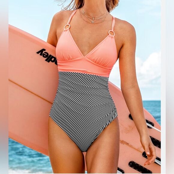 Cupshe Peach and Black Striped One-piece Swimsuit; Size Medium NWT - Picture 6 of 7